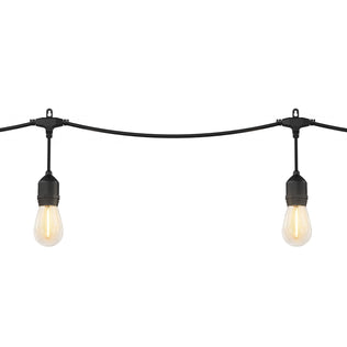 Two Artika Blaze 20 LED Outdoor Solar String Lights with black sockets and exposed bulbs hang on a black cord against a plain white background.