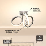 Modern ceiling light fixture with intertwined LED loops, featuring a chrome-finished aluminum body and rubber diffusers. The image highlights its 5-year warranty and no-bulb-required integrated LED design.