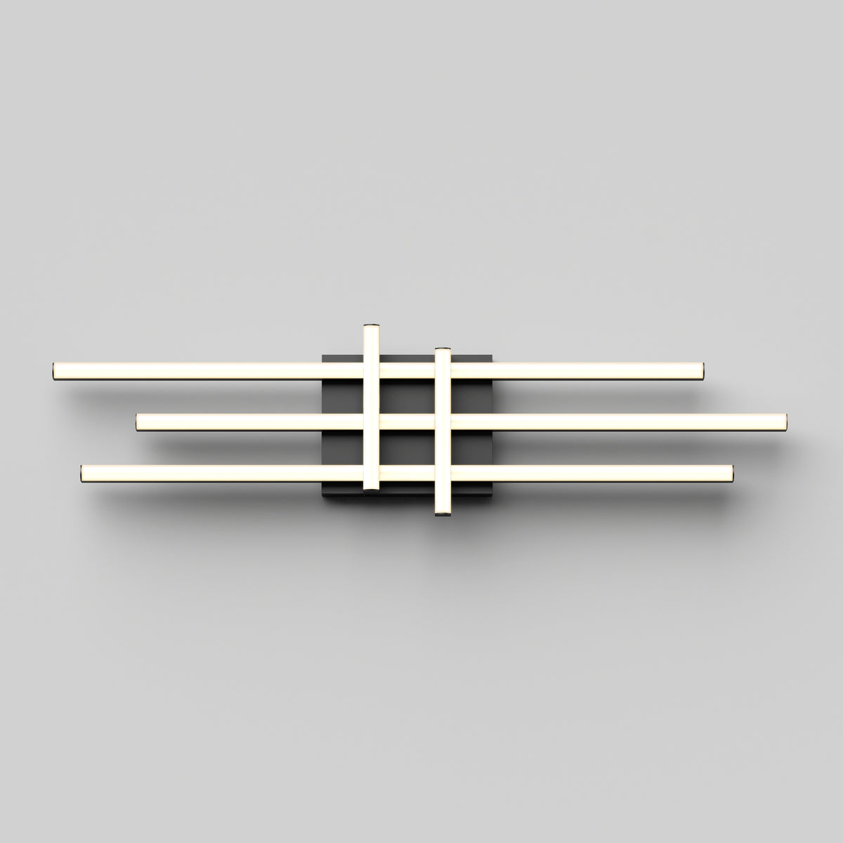 A modern wall-mounted light fixture with three parallel horizontal LED bars intersected by two vertical bars, all attached to a central black rectangular base against a plain gray background.