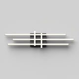 A modern wall-mounted light fixture with three parallel horizontal LED bars intersected by two vertical bars, all attached to a central black rectangular base against a plain gray background.