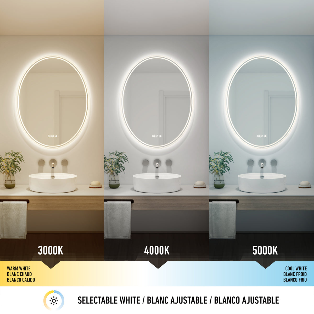 A bathroom mirror with integrated lighting is shown in three color temperatures: warm white (3000K), neutral white (4000K), and cool white (5000K), above a white sink with towels and small plants.