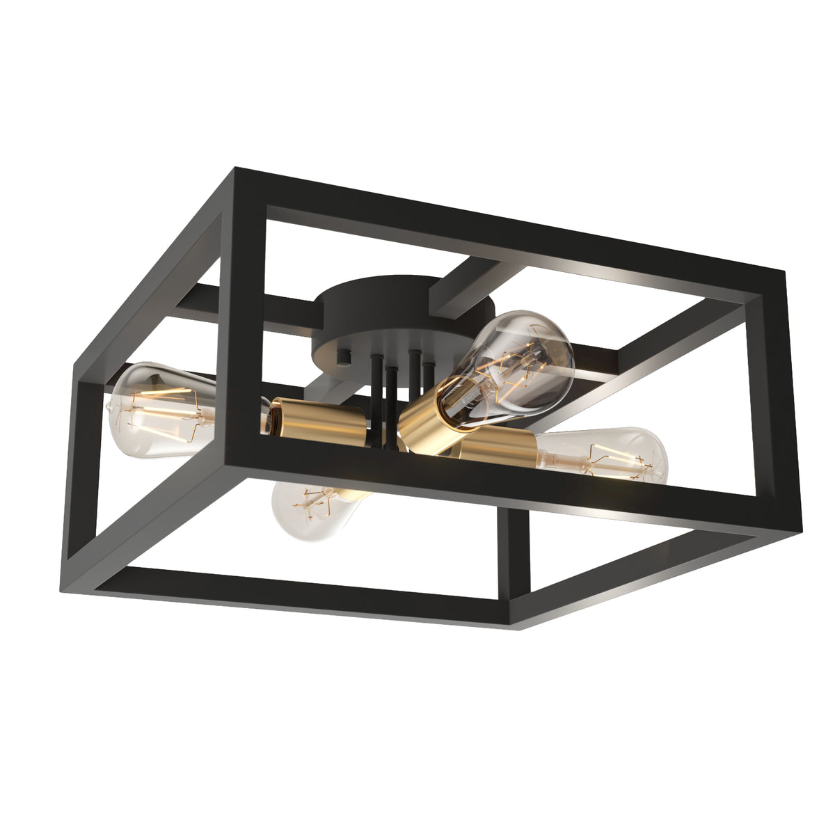A modern ceiling light fixture with four exposed bulbs, gold-toned sockets, and a black open rectangular metal frame. The design is geometric and minimalistic.