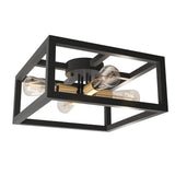 A modern ceiling light fixture with four exposed bulbs, gold-toned sockets, and a black open rectangular metal frame. The design is geometric and minimalistic.
