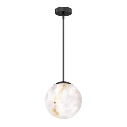 The Selena LED contemporary pendant light by Artika features a round, white marbled glass shade suspended from a black rod and ceiling mount.