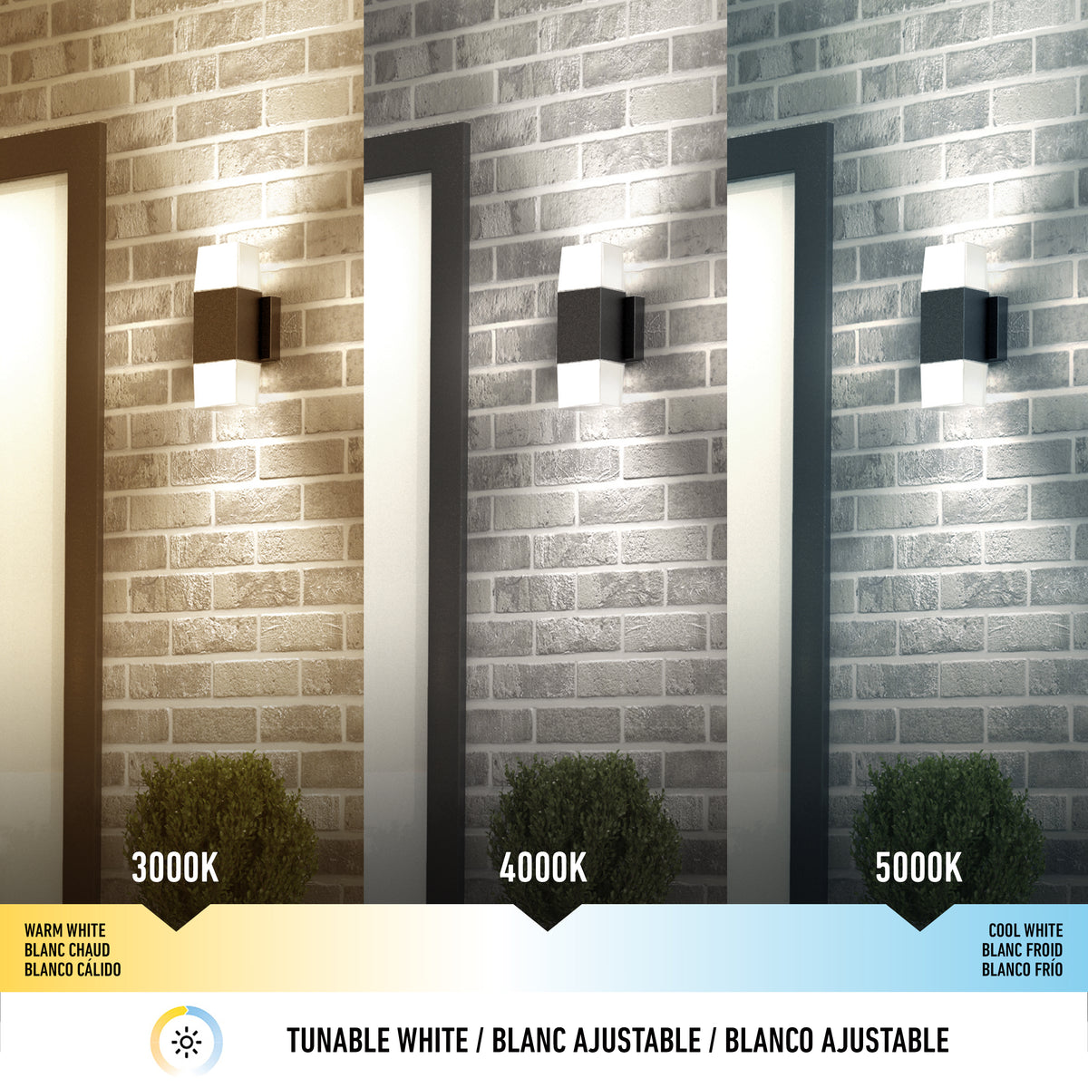Three wall lights on brick exteriors show different color temperatures: warm white (3000K) on the left, neutral white (4000K) in the center, and cool white (5000K) on the right, with labels and a bush beneath each light.