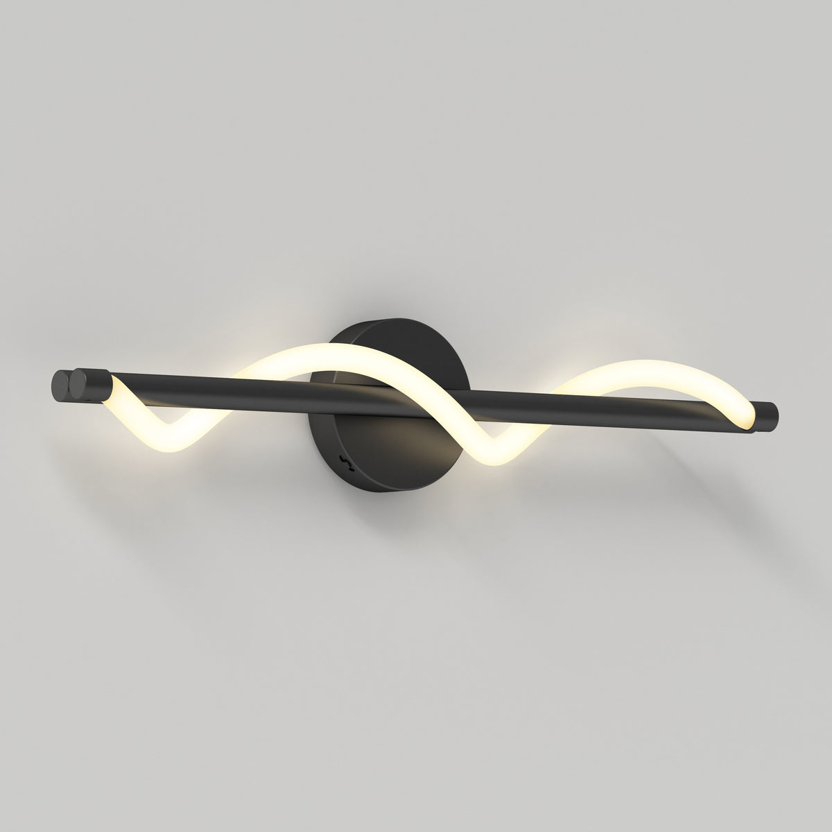 A modern wall sconce with a black horizontal bar and a wavy LED light tube intertwined along its length, mounted on a circular base against a plain light-colored wall.