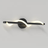A modern wall sconce with a black horizontal bar and a wavy LED light tube intertwined along its length, mounted on a circular base against a plain light-colored wall.