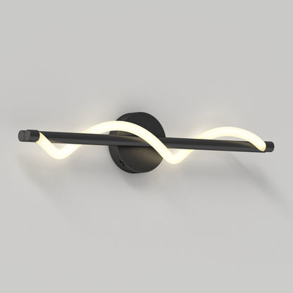 The Artika Neon modern LED bathroom vanity light 5 CCT features a sleek black horizontal bar with a wavy glowing LED tube, mounted on a round black base against a plain white wall.