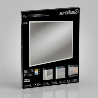 A black box displays the Artika Mavis 48" x 36" Rectangular LED Mirror, 3CCT, with Defogger. The packaging shows the illuminated-edge mirror and icons for touch sensor, anti-fog (defogger), and energy efficiency.