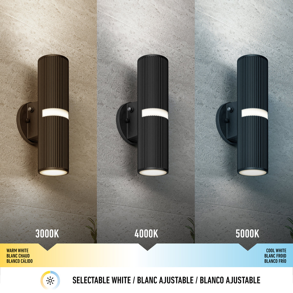 Three Artika Groove LED indoor-outdoor wall lights are mounted on a textured wall, each displaying a distinct white tone—warm (3000K), neutral (4000K), and cool (5000K)—with a color temperature scale shown beneath.