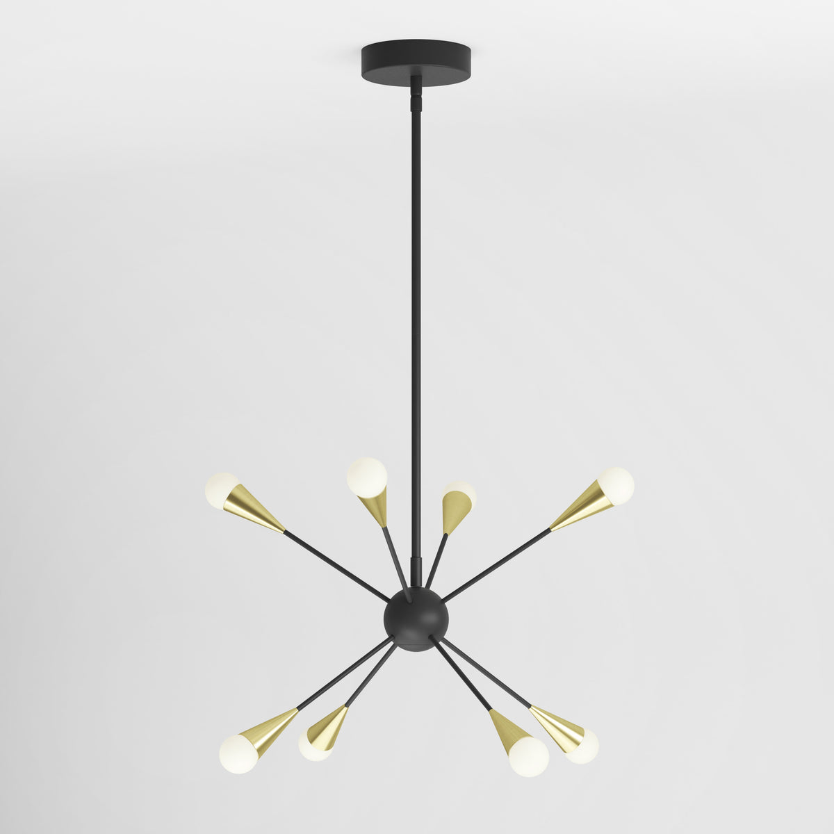 Modern sputnik chandelier with a black central sphere, eight black arms, gold accents, and round white bulb covers, hanging from a black stem against a plain white ceiling.