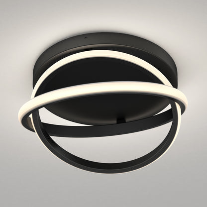 The Artika Orbia modern LED flush mount light features two intersecting black rings with white LED strips, mounted on a circular black base, and offers 3 CCT options for versatile ceiling lighting.