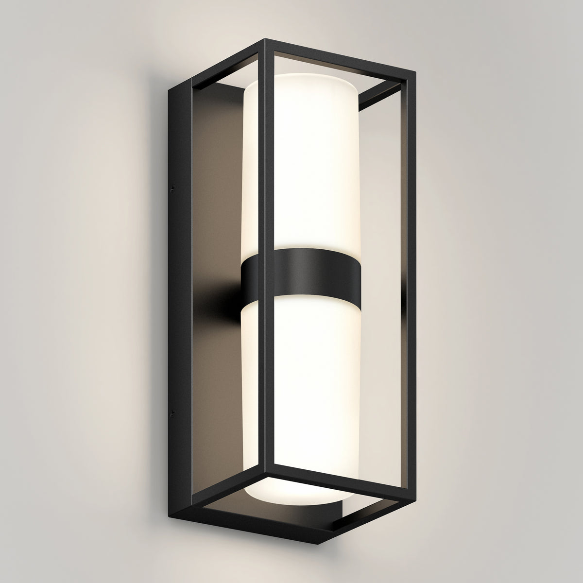 The Artika Sherman modern LED indoor-outdoor wall light 5 CCT features a rectangular black metal frame and cylindrical white frosted glass shade, shown mounted on a light gray wall.