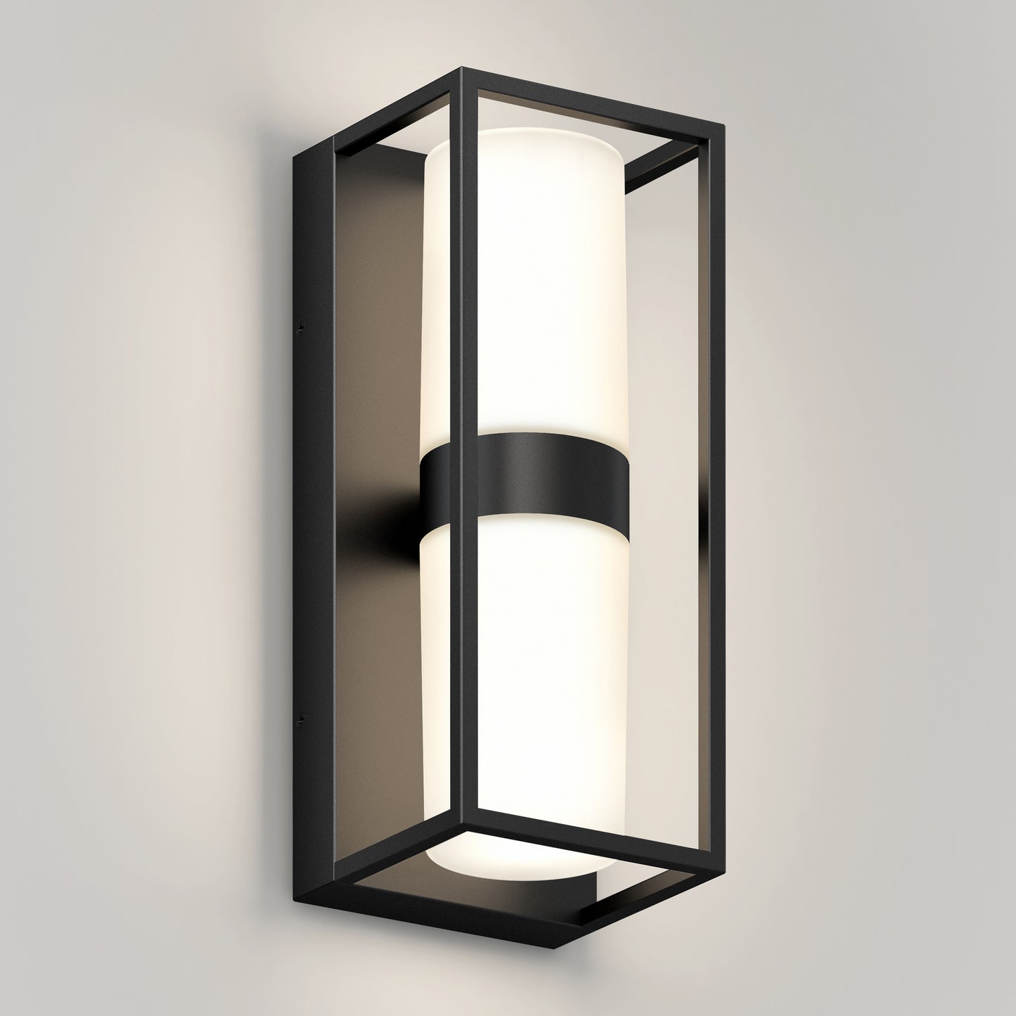 The Artika Sherman modern LED indoor-outdoor wall light 5 CCT features a rectangular black metal frame and cylindrical white frosted glass shade, shown mounted on a light gray wall.
