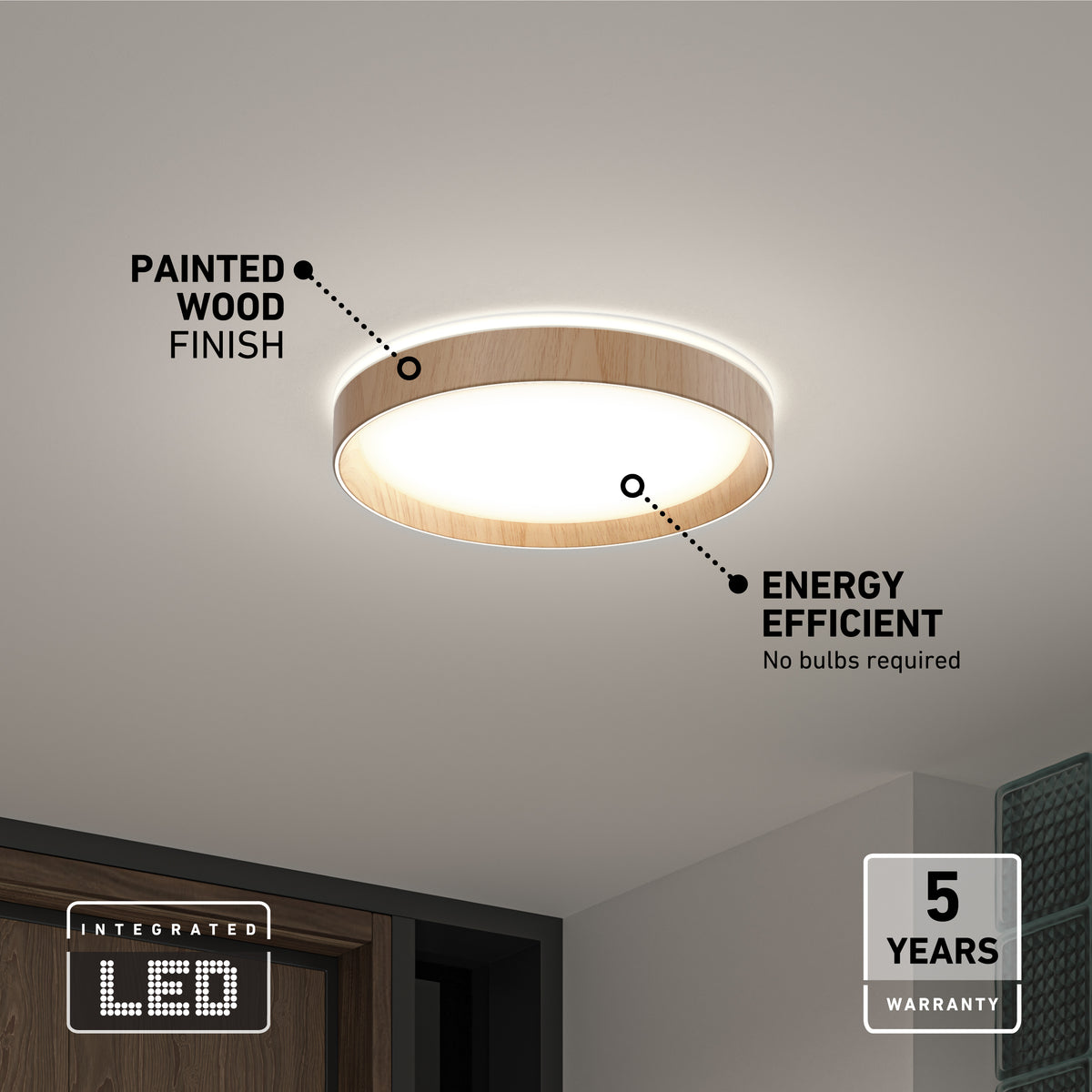 The Artika Callisto 15 in. LED flush mount light features a painted wood finish, modern design, emits adjustable white light (5 CCT), is energy-efficient, includes an integrated LED with a 5-year warranty, and requires no bulbs.