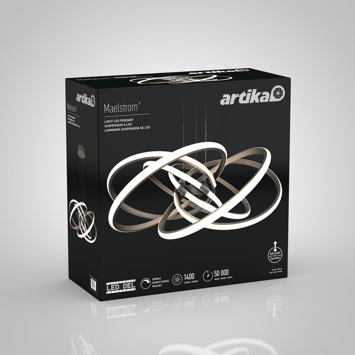 A black box featuring the Artika Maelstrom LED pendant light. The packaging displays an image of the modern, intertwined ring-shaped light fixture and key features such as 1400 lumens, LED tech, and a 50,000-hour lifespan.