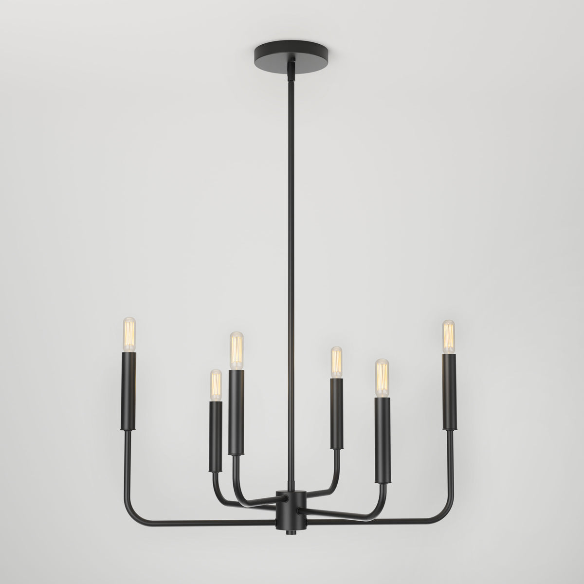 The Artika Manchester 6-light pendant features a modern black finish with six exposed bulbs on straight arms from a central stem, offering a sleek, minimalist look suspended from any ceiling.