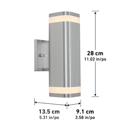 The Artika Mettle LED indoor-outdoor wall light features a brushed metal finish with frosted ends on a rectangular base, measuring 28 cm (H) x 13.5 cm (W) x 9.1 cm (D), with inch measurements also provided.