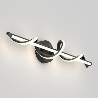 The Artika Coda 27-in Integrated LED 5-CCT Vanity Light Bar features a modern design with a black base and wavy white tube wrapping a straight bar, perfect for bathrooms. Shown here against a plain gray background.
