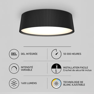 Groove 13 in. (33 cm) Modern LED Flush Mount Ceiling Light 5 CCT, a black ribbed LED light with 50,000-hour life, dimmability, and selectable color.