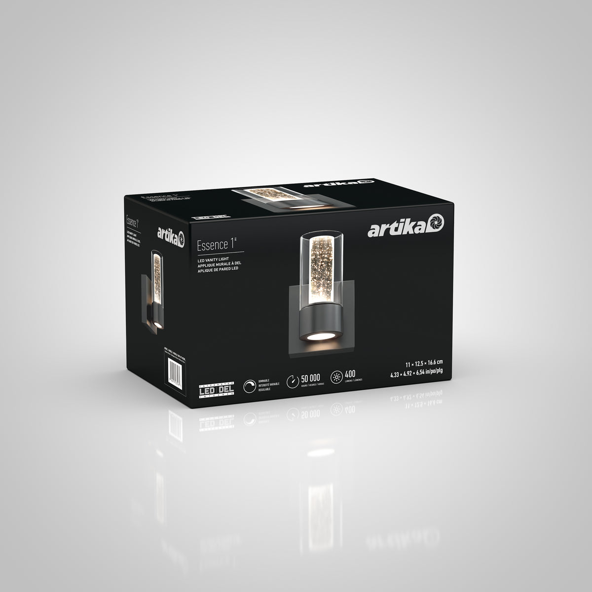 A black product box for the Artika Essence 1 LED wall light, featuring images of the light fixture and product details, including brightness, lifespan, and energy usage, on a white-to-gray gradient background.