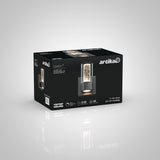 A black product box for the Artika Essence 1 LED wall light, featuring images of the light fixture and product details, including brightness, lifespan, and energy usage, on a white-to-gray gradient background.