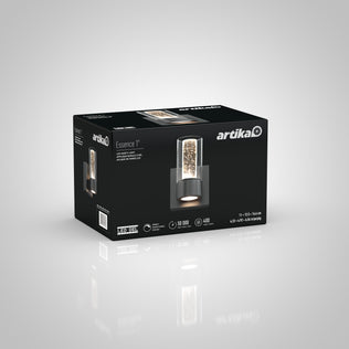 Black packaging box for Artika Essence 1-light LED bathroom vanity, dimmable accent lighting, specs shown on gray background.