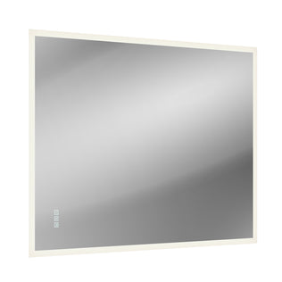 The Artika Mavis 48" x 36" Rectangular LED Mirror features a white frame, three touch buttons in the bottom left corner, and a built-in defogger, shown against a white background.