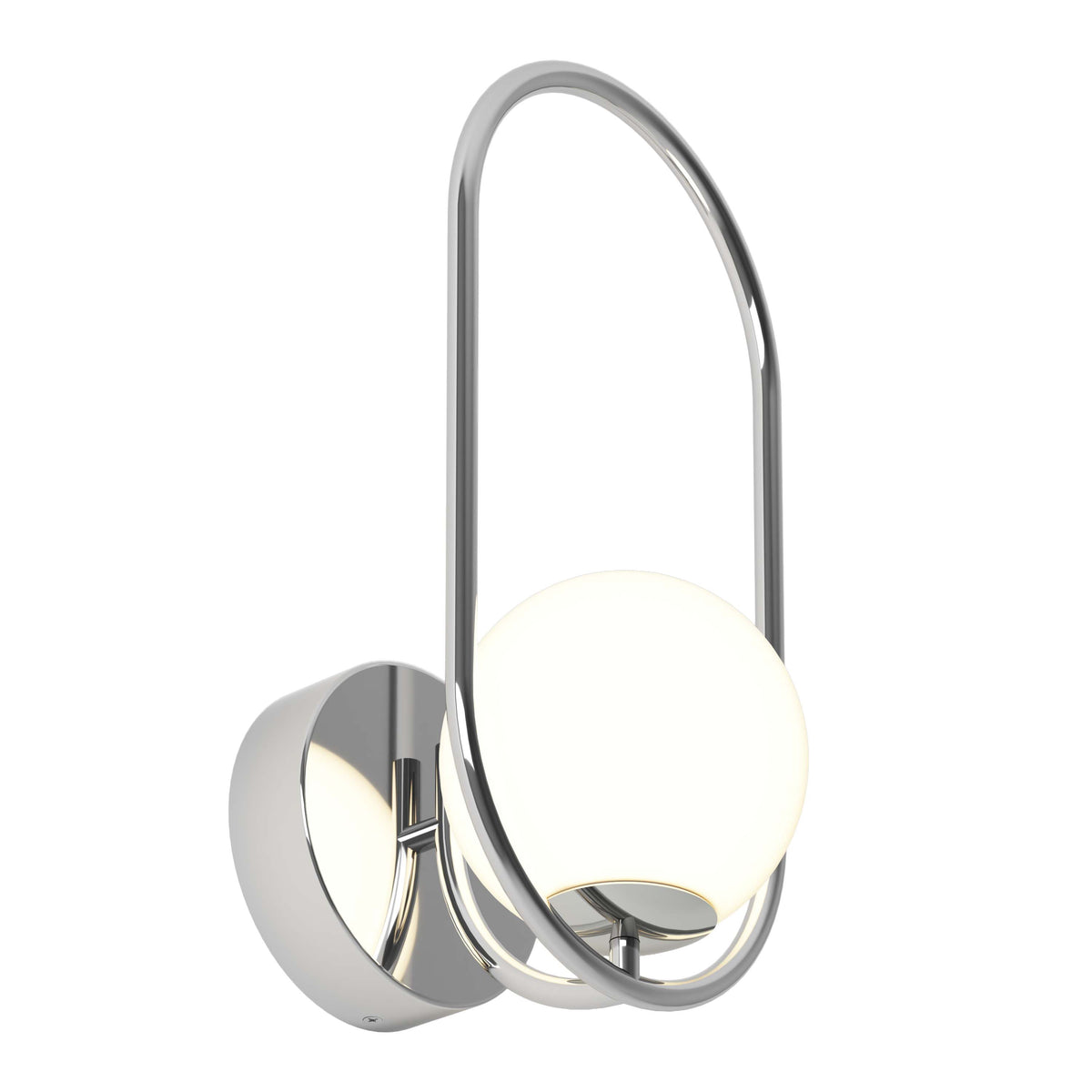 The Artika Bloom LED Sconce 3 CCT features a polished chrome finish with a circular base and an oval frame encircling a frosted globe light for a modern touch.