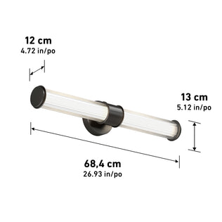 The Artika Kendra LED contemporary bathroom vanity light features a modern tubular wall-mounted design with matte black finish, clear ribbed tube, and adjustable color temperature. Dimensions: 12 x 13 x 68.4 cm (4.72 x 5.12 x 26.93 in).