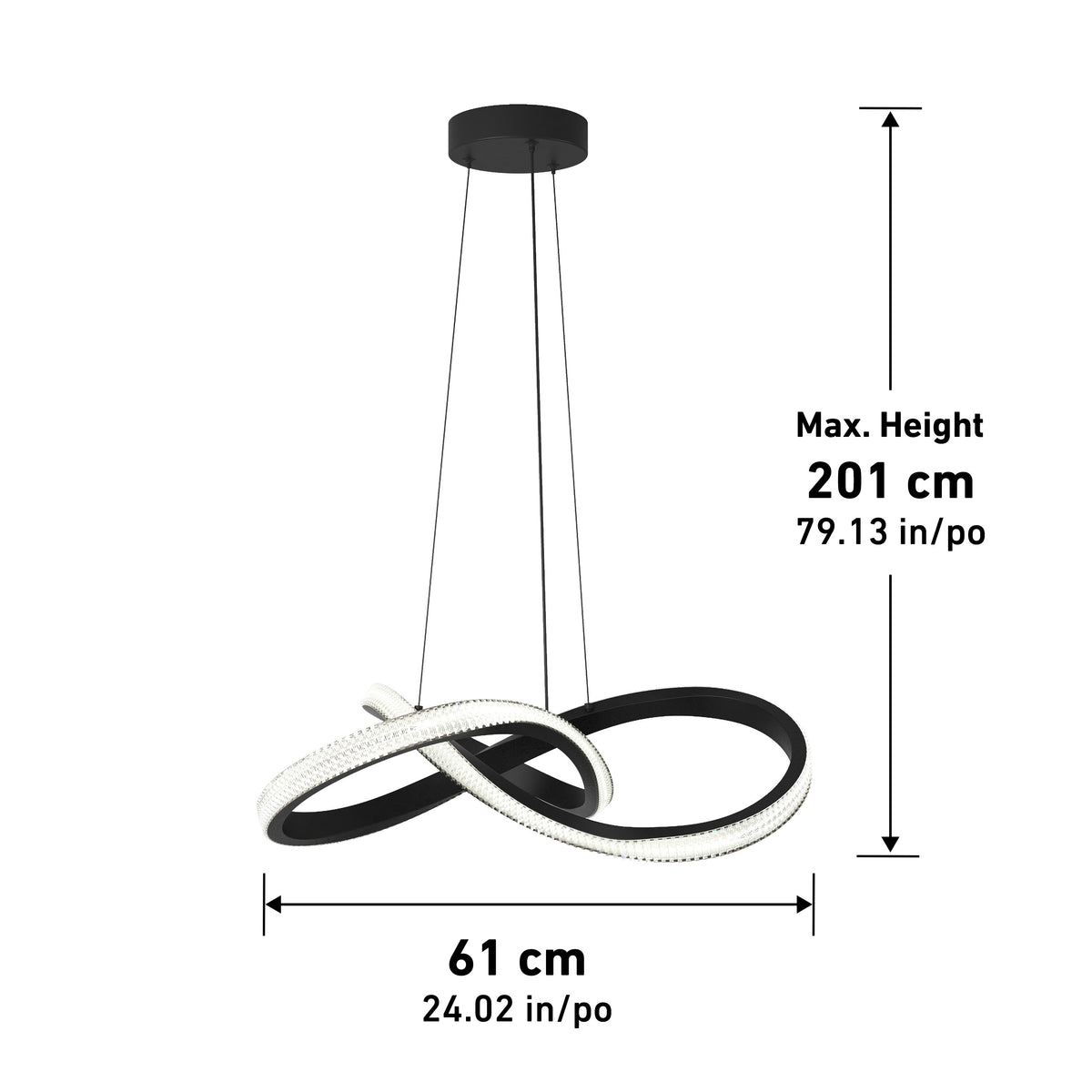 Modern black and white LED pendant light with an abstract looped design, suspended from the ceiling. Dimensions: 61 cm (24.02 in) wide and maximum hanging height of 201 cm (79.13 in).