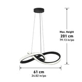 Modern black and white LED pendant light with an abstract looped design, suspended from the ceiling. Dimensions: 61 cm (24.02 in) wide and maximum hanging height of 201 cm (79.13 in).