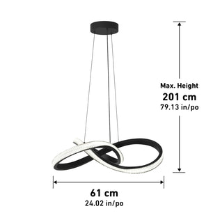 The Morgan LED contemporary pendant light by Artika features a modern black and white twisted loop design, adjustable up to 201 cm (79.13 in) high and 61 cm (24.02 in) wide, suspended by three wires; all measurements are labeled.