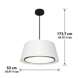 A white pendant ceiling light with a black fixture, shown with dimensions: 173.7 cm (68.39 inches) tall and 53 cm (20.87 inches) wide.