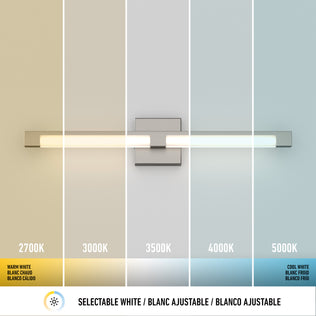 The Artika Tivoli modern LED bathroom vanity light 5 CCT is shown lighting five wall sections, each labeled with varying color temperatures from warm white (2700K) to cool white (5000K), demonstrating its adjustable lighting features.