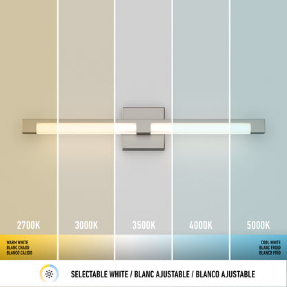 The Artika Tivoli modern LED bathroom vanity light 5 CCT is shown lighting five wall sections, each labeled with varying color temperatures from warm white (2700K) to cool white (5000K), demonstrating its adjustable lighting features.