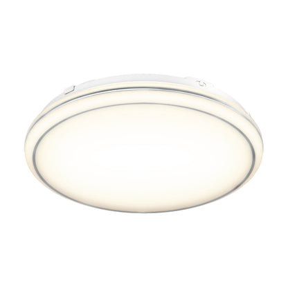 A round, flush-mounted LED ceiling light with a white translucent cover, emitting a bright, even glow.