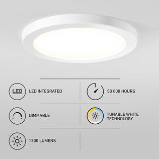 Artika Europa Disk 9 in. LED flush mount ceiling light with an infographic showing dimmability, tunable white, 1300 lumens, and 50,000-hour life.
