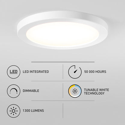 Artika Europa Disk 9 in. LED flush mount ceiling light with an infographic showing dimmability, tunable white, 1300 lumens, and 50,000-hour life.