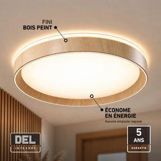 Artika Callisto 15 in. (38 cm) Modern LED Flush Mount Ceiling Light 5 CCT with a wood-look frame and finish, energy efficiency, and warranty labels.
