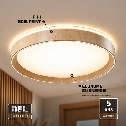 Artika Callisto 15 in. (38 cm) Modern LED Flush Mount Ceiling Light 5 CCT with a wood-look frame and finish, energy efficiency, and warranty labels.