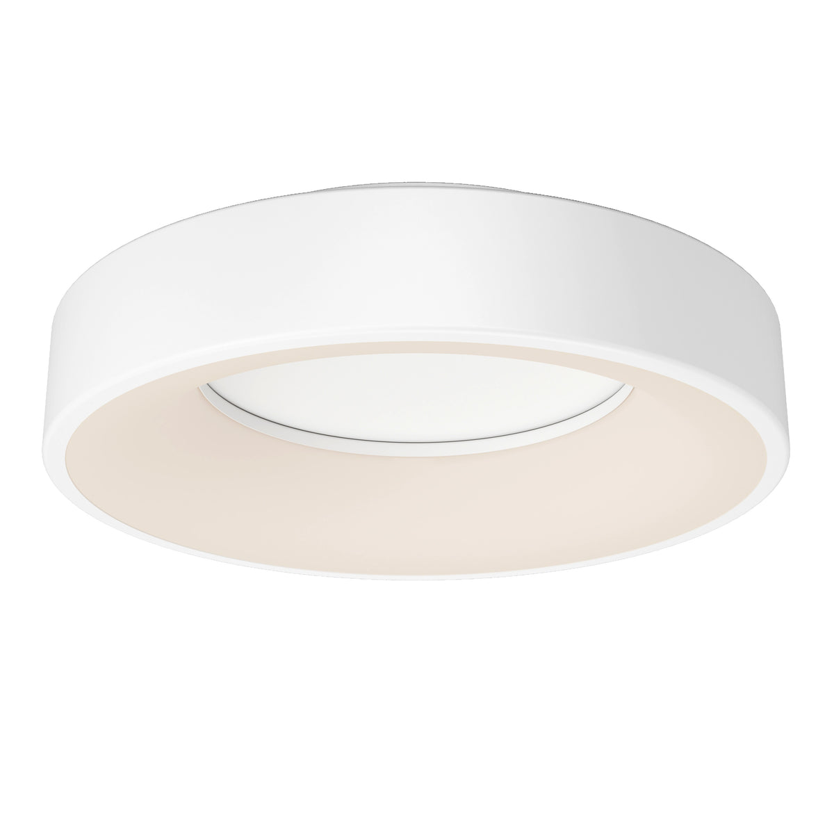 The Artika Aiden LED flush mount is a modern, round white ceiling light with a flat design and central illumination, shown from a low angle against a white background.