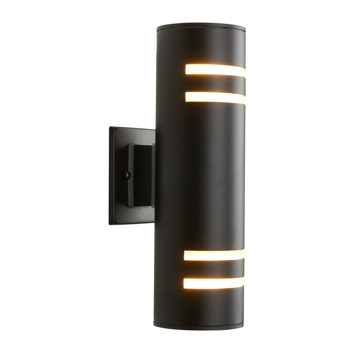 A modern black cylindrical wall sconce with horizontal cut-out slots emitting warm light, mounted on a rectangular backplate.