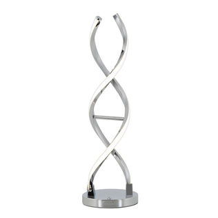 The Artika Swirl LED table lamp features two intertwined chrome arms in a helix design on a round metallic base, emitting soft light along its elegant curves.