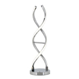 A modern table lamp with two intertwined chrome light strips forming a double helix shape, mounted on a round metallic base.