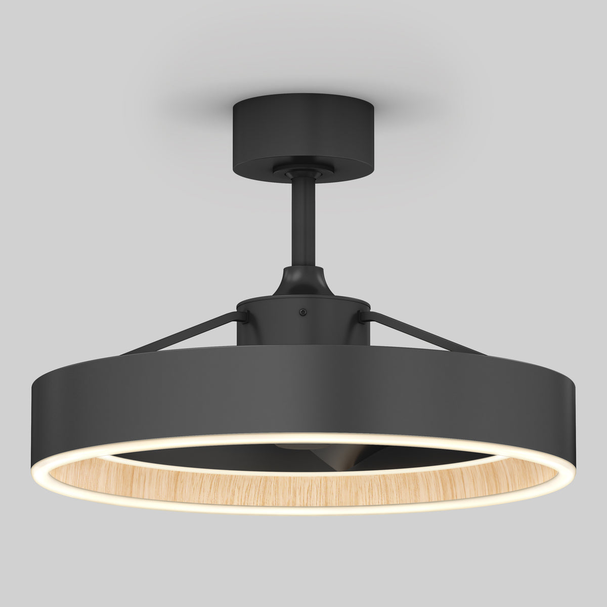 A modern black ceiling light fixture with a circular design, featuring a wide black outer ring and an illuminated inner ring with a light wood texture. Set against a plain light gray background.