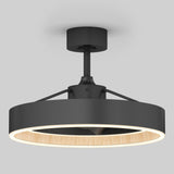 A modern black ceiling light fixture with a circular design, featuring a wide black outer ring and an illuminated inner ring with a light wood texture. Set against a plain light gray background.