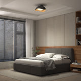 A modern bedroom with a grey upholstered bed, white and grey bedding, wood-paneled wall accents, large window with black blinds, built-in shelves, and a black ceiling light. Natural light brightens the room.