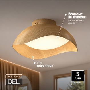 Adara 15 in. (38 cm) Modern LED Flush Mount Ceiling Light 5 CCT: a dimmable, light-wood flush mount with integrated LED, energy labels, and warranty.