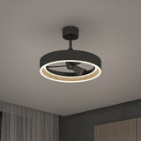 A modern ceiling fan with a circular LED light and black housing is mounted on a white ceiling. The room features a curtain and a portion of a wooden cabinet.